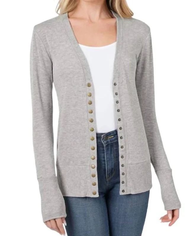 Advanced Customization Torie Ribbed Detail Snap Button Cardigan In Grey