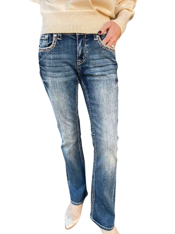 Multifunctional Style Aztec Bejeweled Straight Leg In Dark Denim