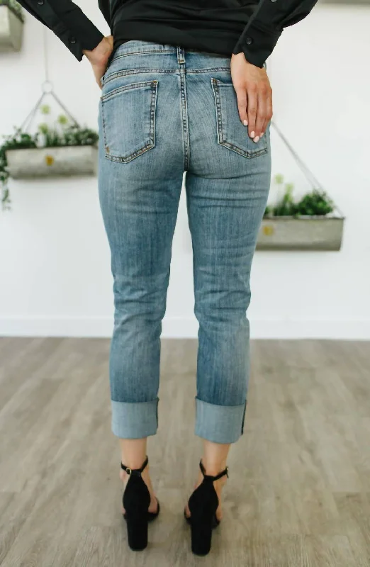 Soft And Comfortable Catherine Boyfriend Raw Hem Cuffed Jean In Blue