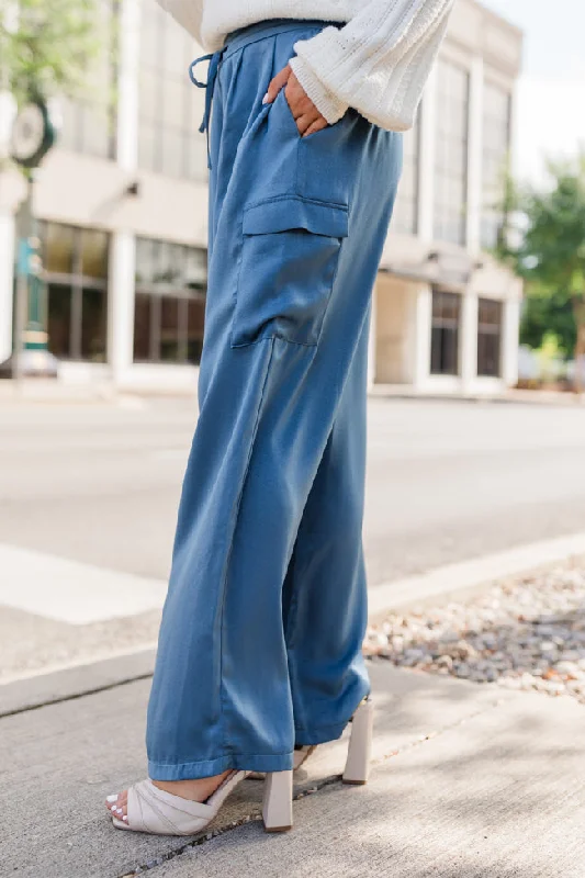 Fresh And Capable Cool Touch Blue Satin Cargo Pull On Pants