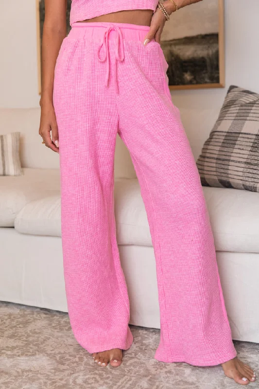 Elegant And Charming Essential Comfort Pink Waffle Knit Ribbed Pants