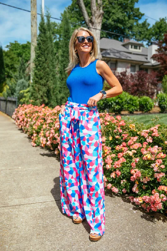 Floral Prints Fashionably Late Geometric Blue And Pink Belted Pants Kalee Rogers X Pink Lily