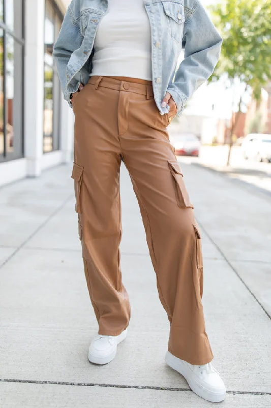 End Of The Year Follow My Lead Camel Faux Leather Cargo Pants