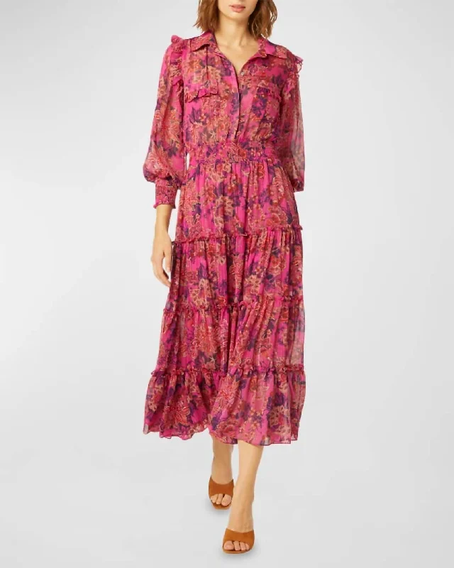 Youthful Street Fashion Marjan Smocked Tiered Floral Chiffon Midi Dress in Fuschia Batik