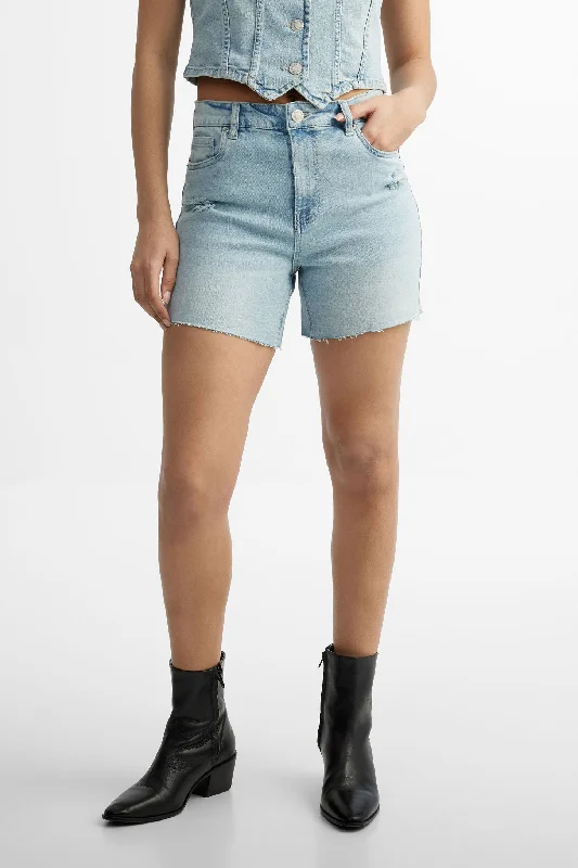 Comfortable Mind Short taille haute ourlet coupé en jeans - Femme