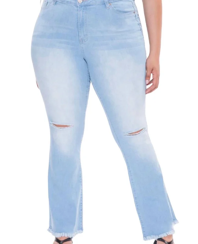 Fashion Style Single Button High Rise Super Flare Jeans In Light Blue Rips