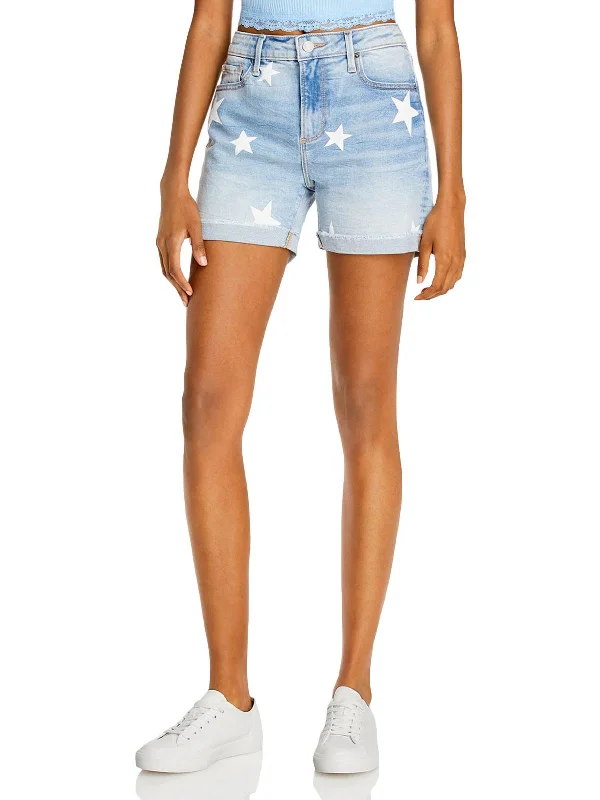 High-quality Styles Star Womens Printed Frayed Hem Denim Shorts