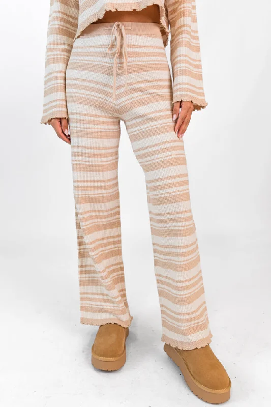 Refreshing Design Take You There Taupe Striped Lettuce Hem Lounge Pants