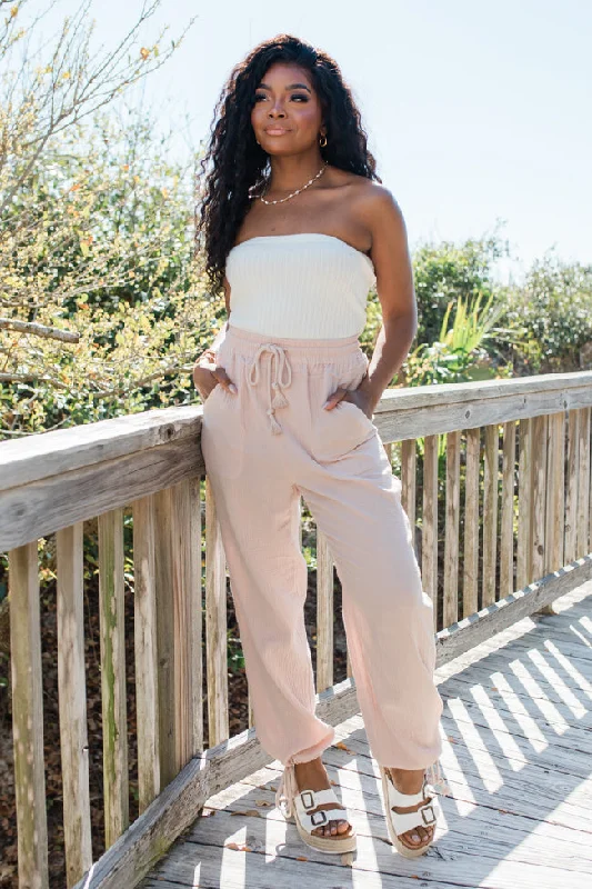 Personalized Wear Under Clear Skies Beige Gauze Drawstring Hem Beach Pants