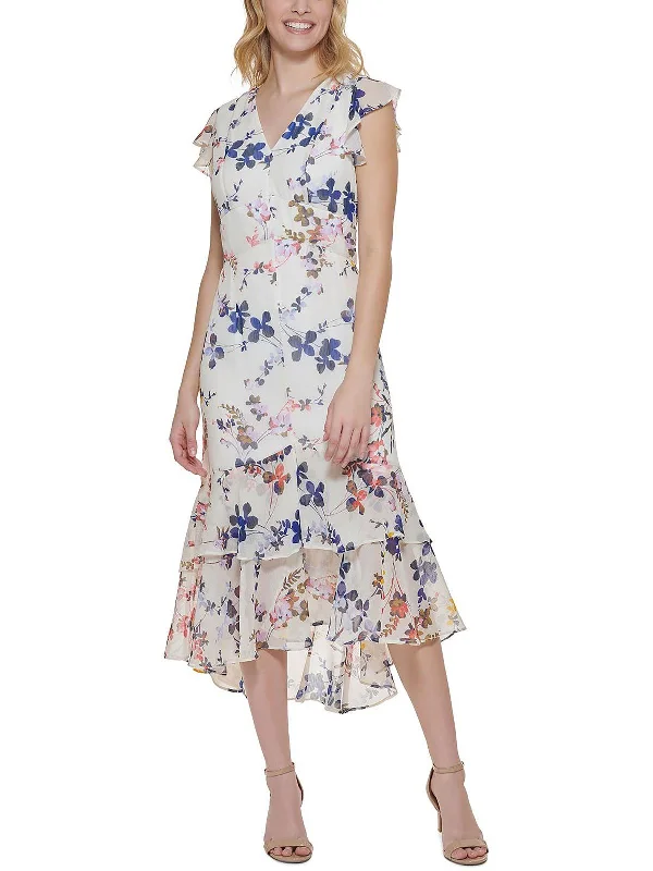 Multifunctional Style Womens Floral Ruffled Midi Dress