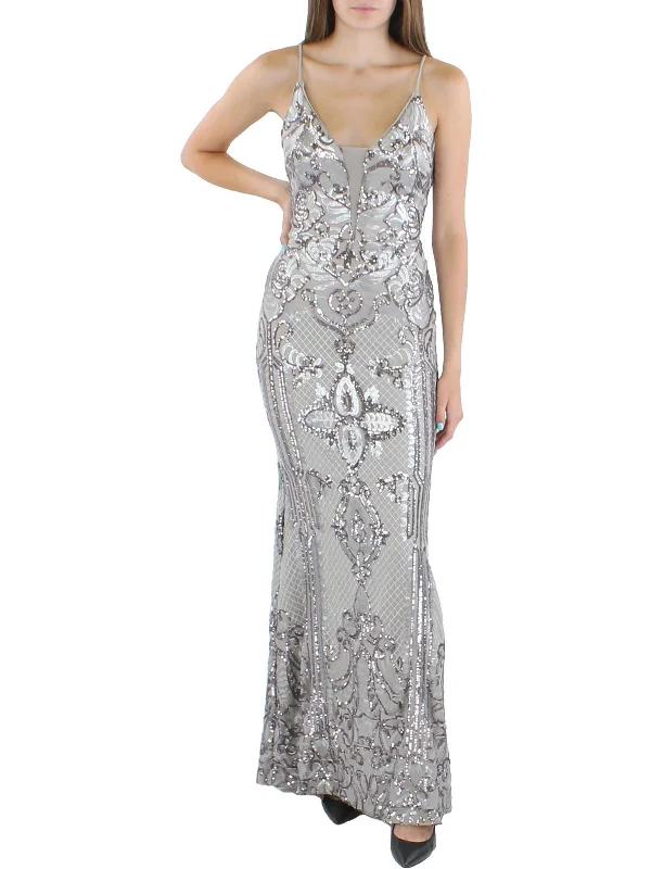 End Of The Year Womens Sequined Illusion Evening Dress