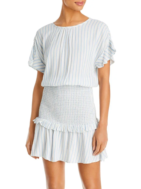 French Style Womens Smocked Pin Stripe Mini Dress