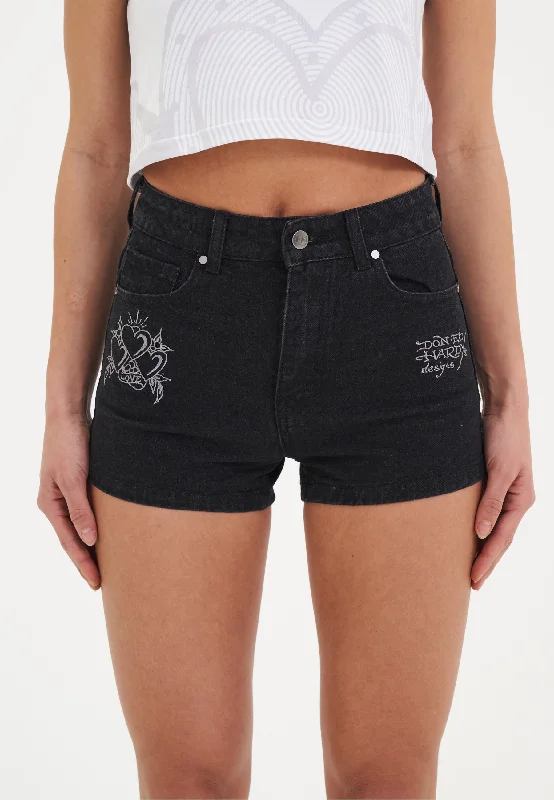 High Street Design Womens Triple Heart Denim Jorts Shorts - Black