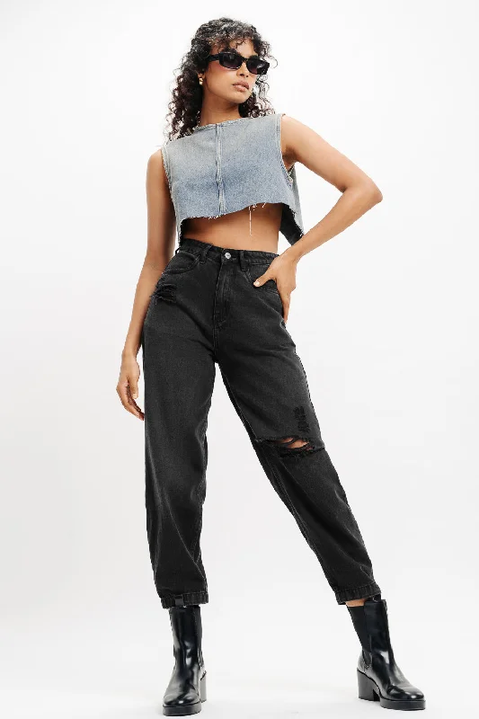 Spring Fashion Charcoal Ripped Baggy Jeans