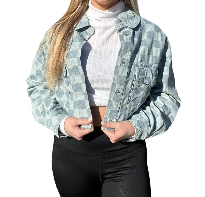 Simple Matching Checkerboard Print Cropped Denim Jacket