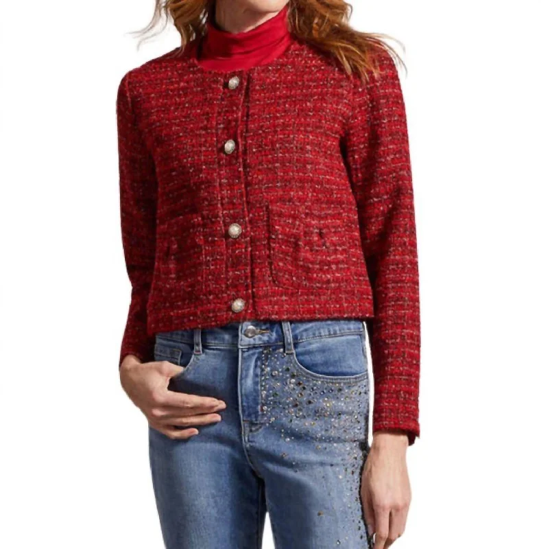 Spring Fashion Cropped Tweed Jacket In Red Tweed