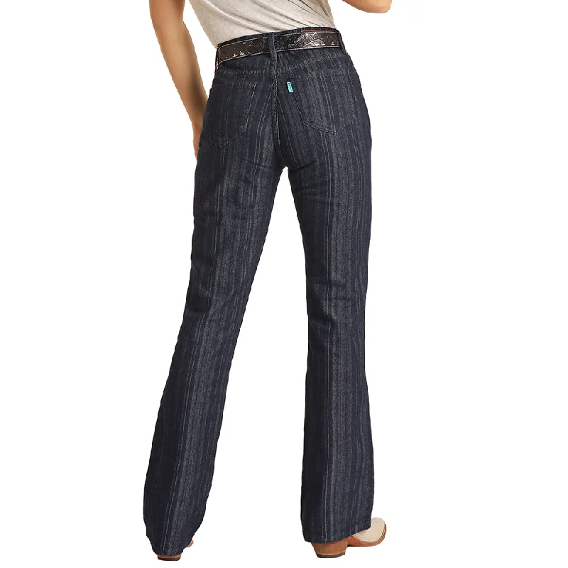 Spring Fashion Dark Wash Jaquard Stripe High Rise Bootcut Jeans