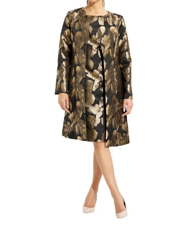 Sports And Leisure Foil Leaf Open Front Coat In Black,gold Floral