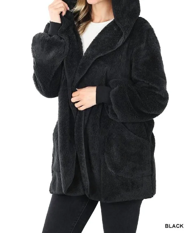 Elegant Wear Hooded Faux Fur Wrap Jacket With Pockets In Black