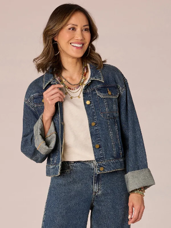 Trendy And Casual Long Wide Fixed Cuff Sleeve Button Front Denim Jacket