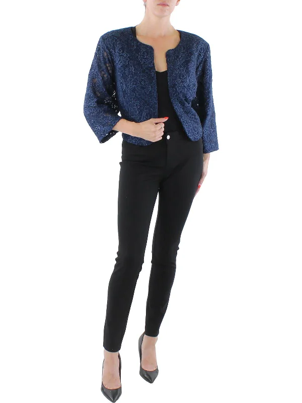 Elegant And Charming Plus Womens Lace Glitter Collarless Blazer