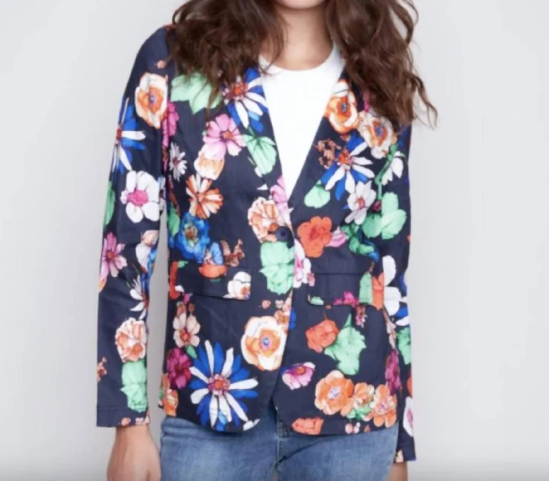 Retro Fashion Printed Linen Blazer In Gardenia