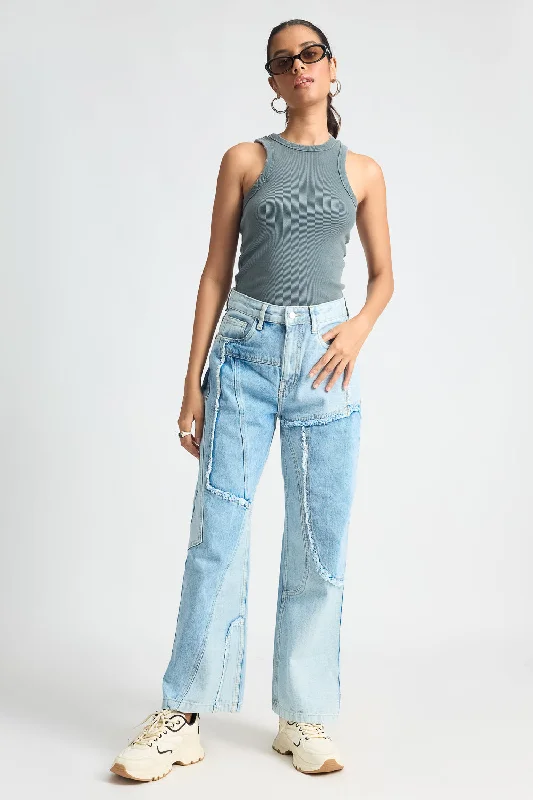 Versatile Items Light Blue Patchwork Straight Jeans