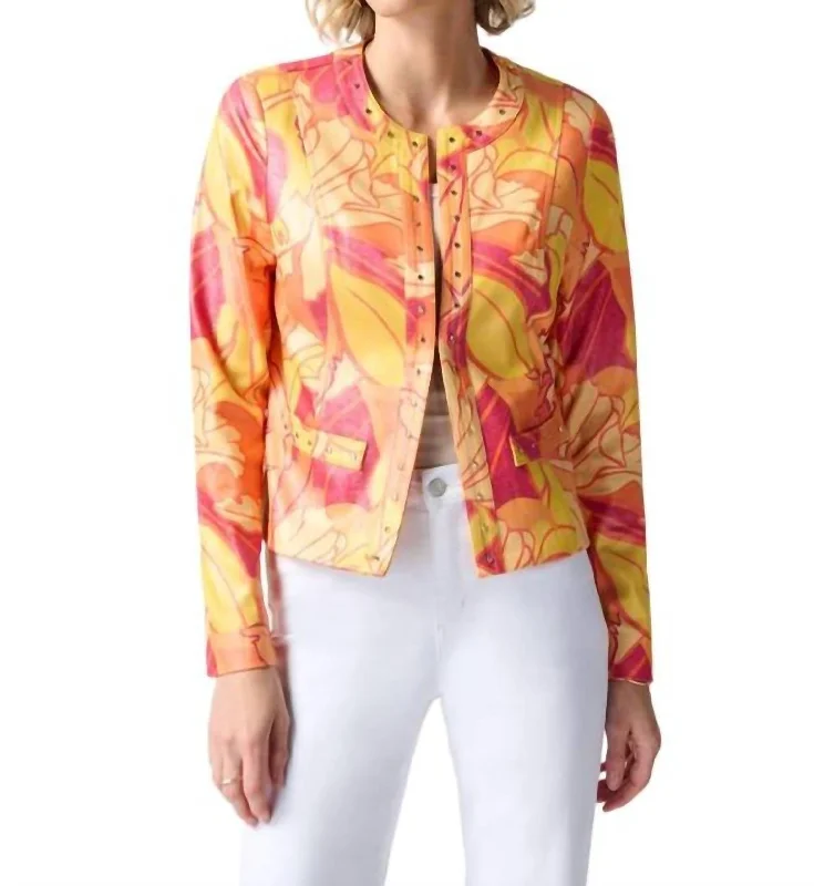 Simple Matching Tropical Print Faux Leather Jacket In Orange Tropical