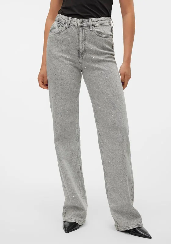 Elegant Design Vero Moda Tessa Rhinestone Wide Jeans, Grey