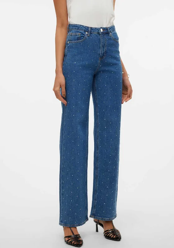 Fashionable Inner Wear Vero Moda Tessa Rhinestone Wide Jeans, Medium Blue