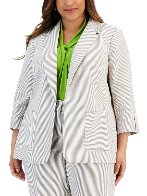 Age-reducing Style Womens Striped Seersucker Open-Front Blazer