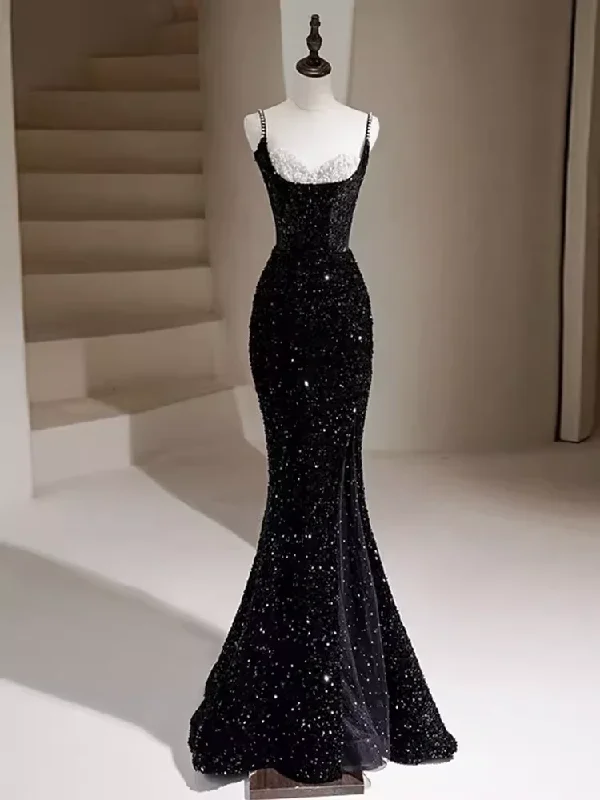 Comfortable And Versatile Black Strappy Glitter Mermaid Formal Prom Drerss Evening Gown, DP3215