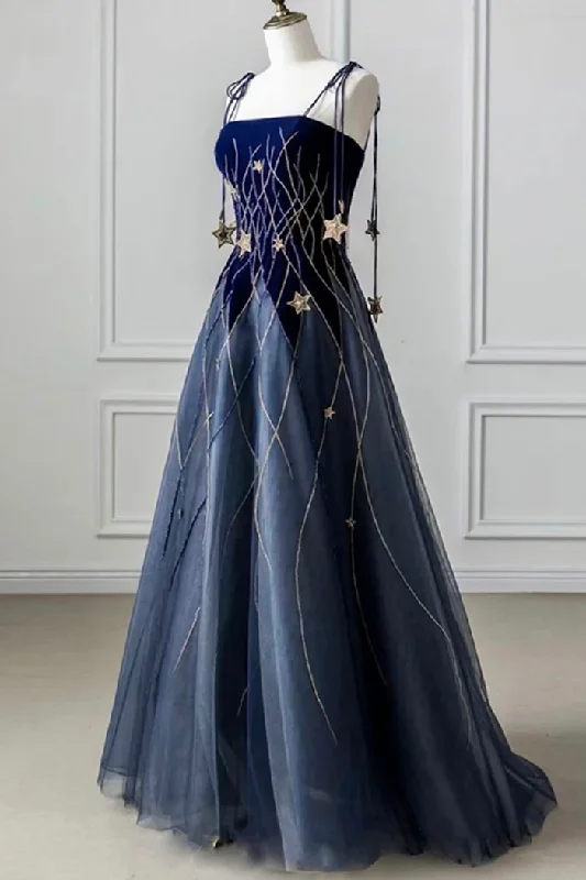 Basic Version Blue Spaghetti Strap Long Prom Dress with Star, Blue Evening Party Dress, DP3184