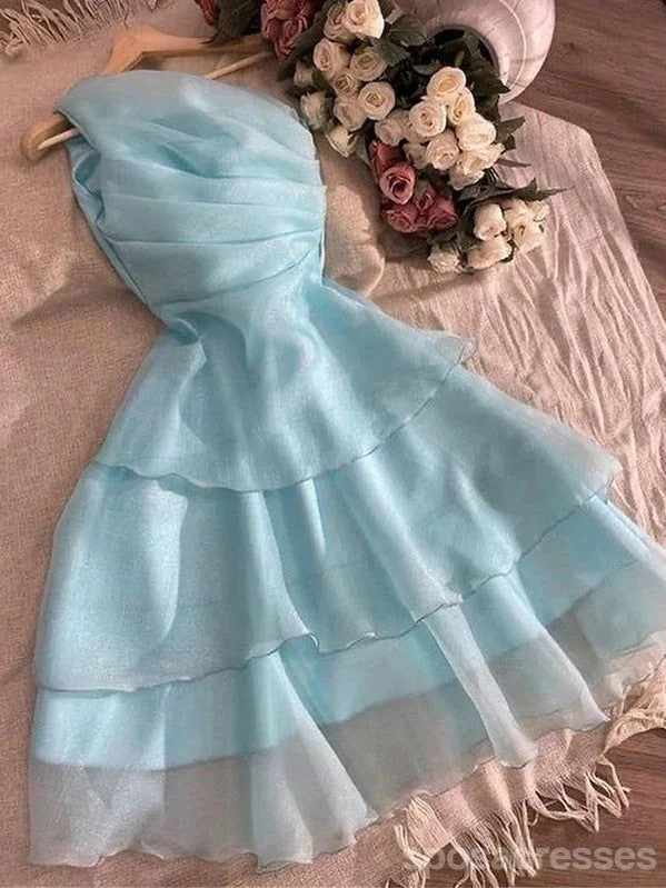 Simple And Comfortable Light Blue One Shoulder Tiered Short Party Dress Homecoming Dress, DP3180