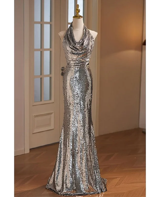 Luxury And Elegant Silver Sequins Halter Mermaid Formal Prom Drerss Evening Gown, DP3214