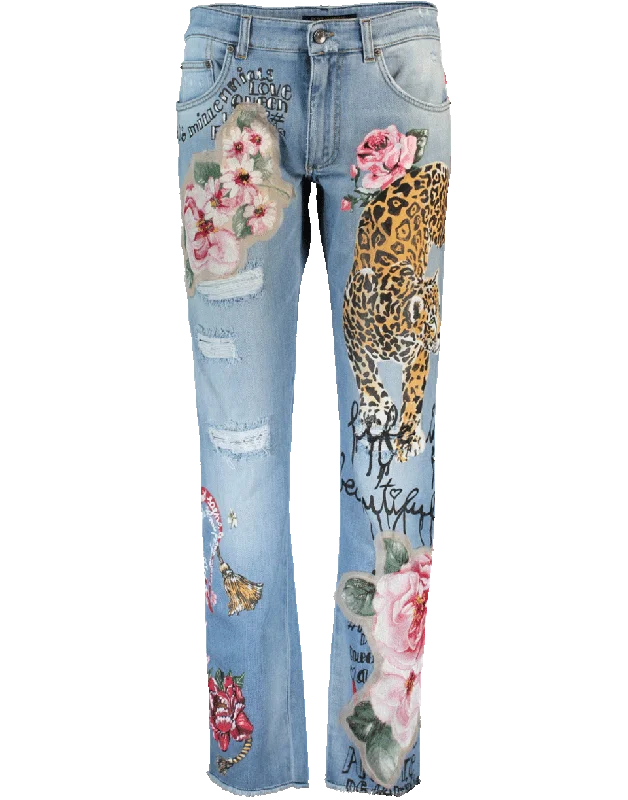 Fashion Design Floral And Leopard Distressed Jean